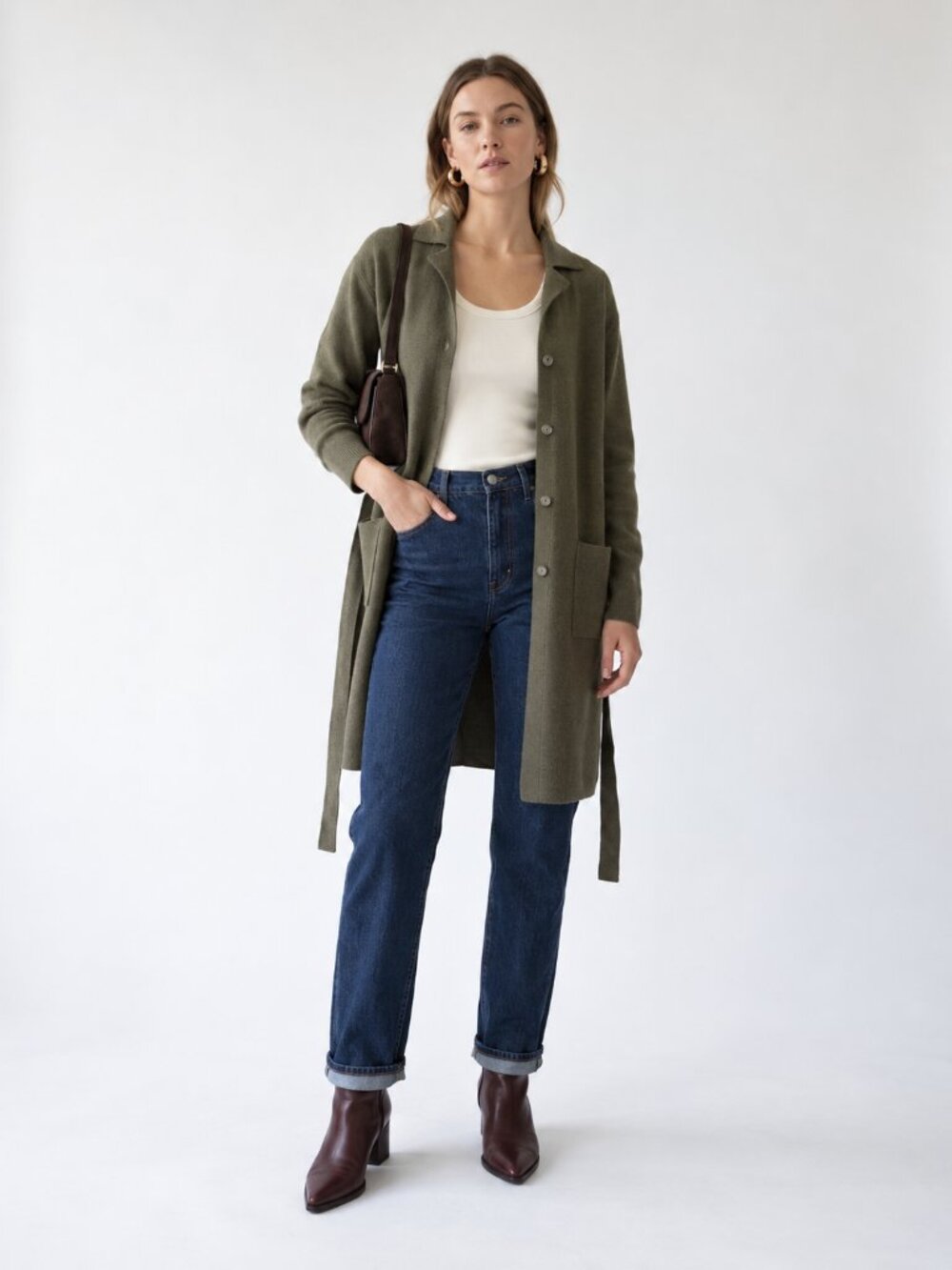Deane & White 100% Merino Wool Long Belted Cardigan Coat Green S